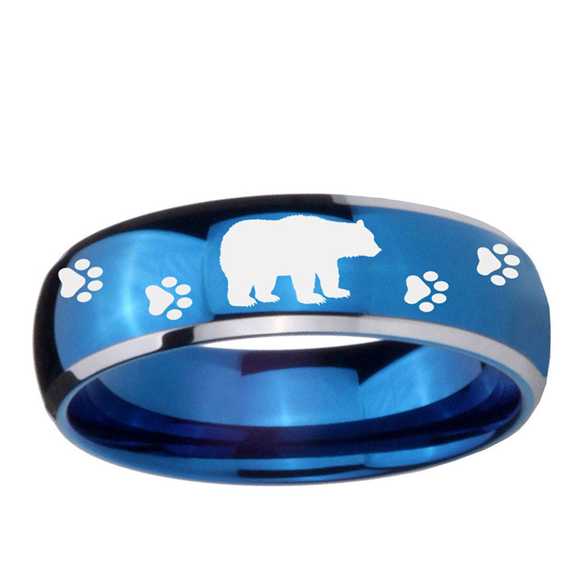 5mm Bear and Paw Dome Blue 2 Tone Tungsten Carbide Mens Ring