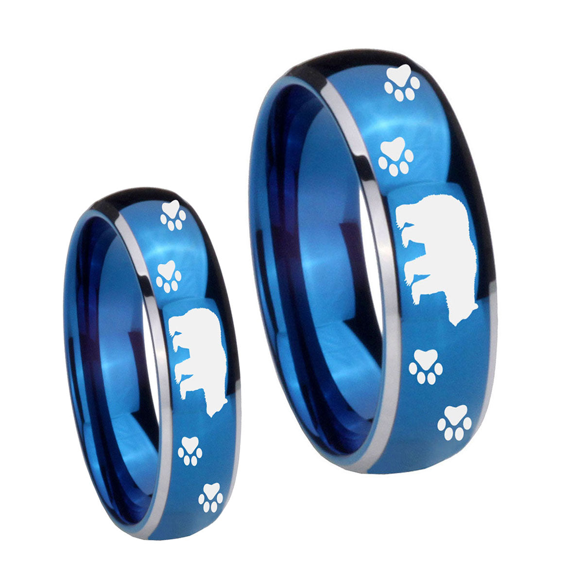 Bear and Paw Dome Blue 2 Tone Tungsten Couple Wedding Rings