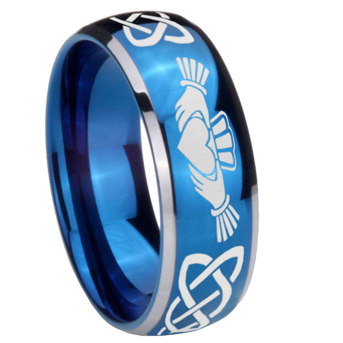 8mm Irish Claddagh Dome Blue 2 Tone Tungsten Wedding Band