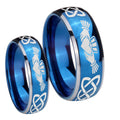 Irish Claddagh Dome Blue 2 Tone Tungsten Mens Ring Set