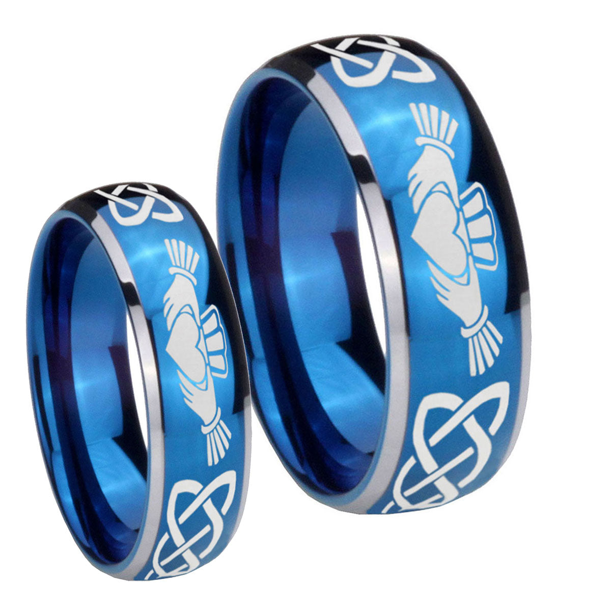 Irish Claddagh Dome Blue 2 Tone Tungsten Mens Ring Set
