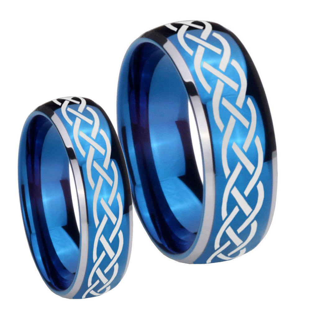 Celtic Knot Dome Blue 2 Tone Tungsten Bridal Ring Sets