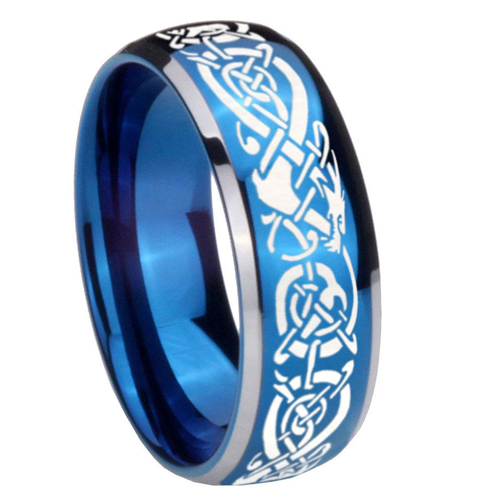 8mm Celtic Knot Dragon Dome Blue 2 Tone Tungsten Ring