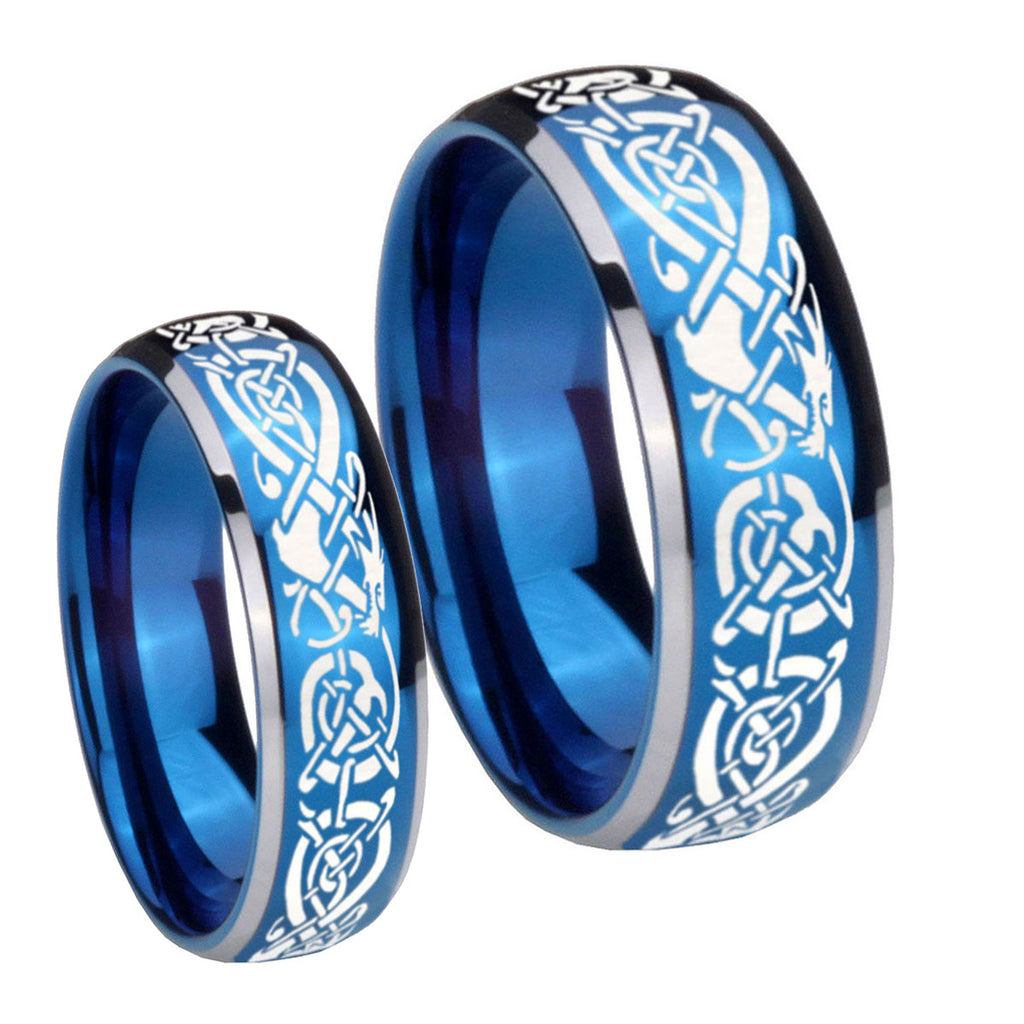 Celtic Knot Dragon Dome Blue 2 Tone Tungsten Mens Ring Set