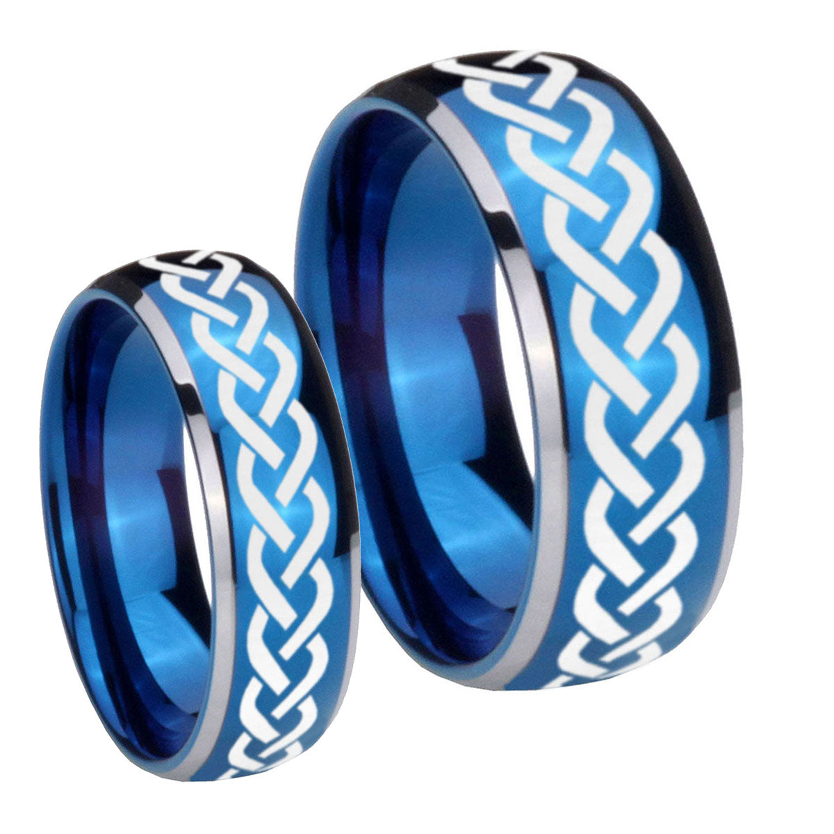 Laser Celtic Knot Dome Blue 2 Tone Tungsten Engagement Ring Set