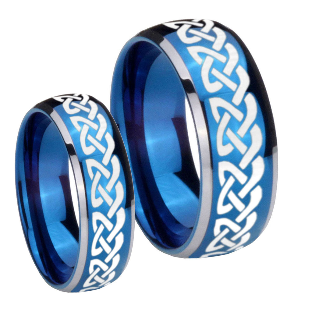 Celtic Knot Love Dome Blue 2 Tone Tungsten Bridal Set Rings