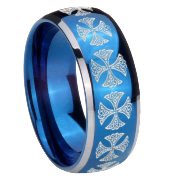 8mm-Medieval-Cross-Dome-Blue-2-Tone-Tungsten-Carbide-Mens-Wedding-Band