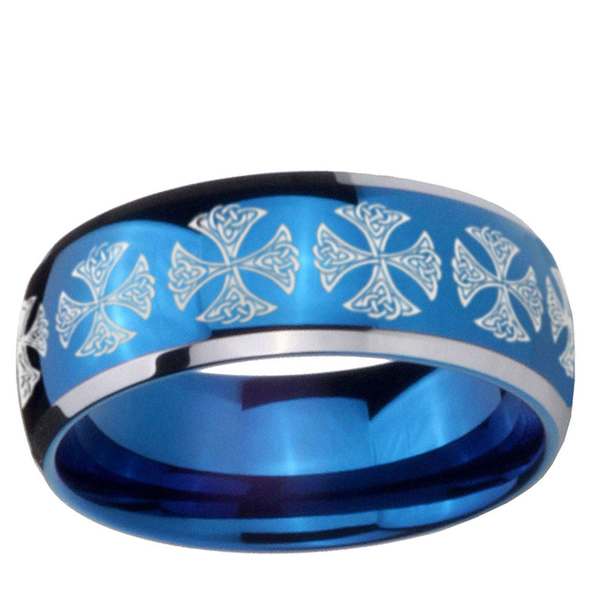 5mm Medieval Cross Dome Blue 2 Tone Tungsten Men Bands
