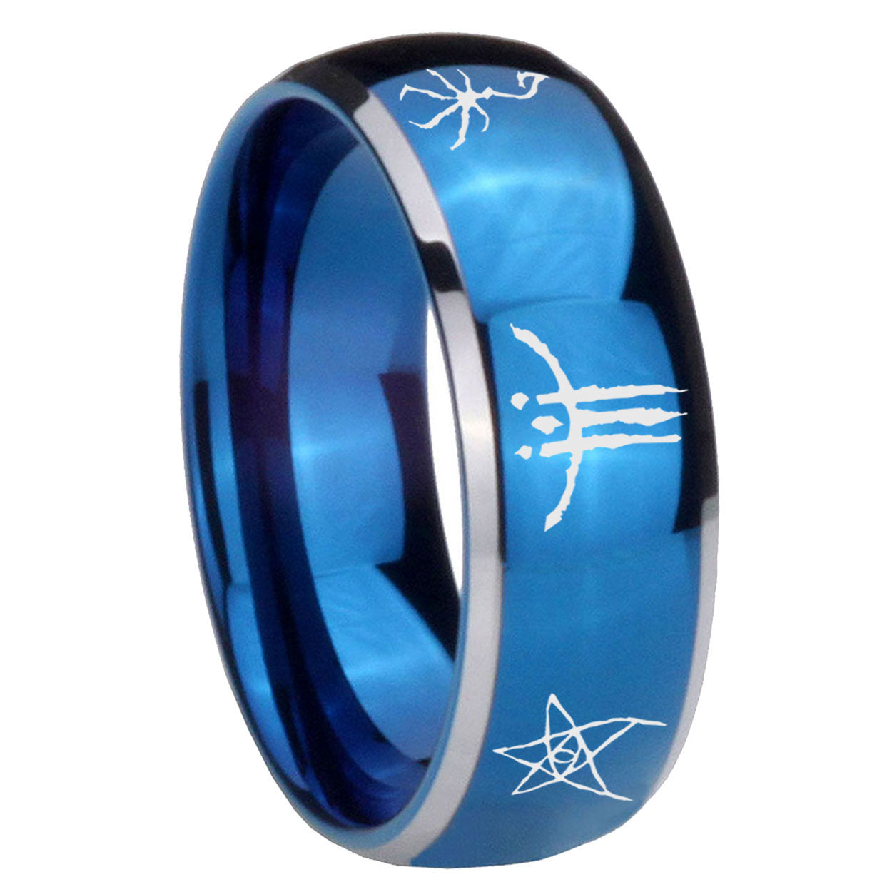 8mm Blackborne Caryll Runes Dome Two Tone Blue Tungsten Ring