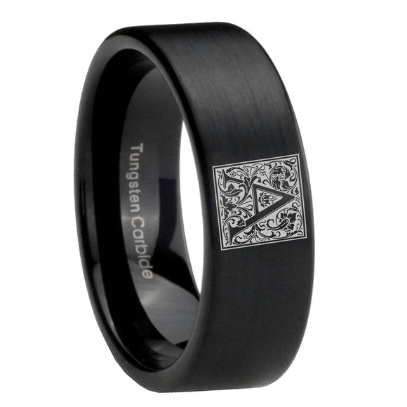 8mm-Pipe-Cut-Matte-Black-Tungsten-Floral-Initial-Letter-A,-Monogram-Wedding-Band