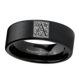 8mm-Pipe-Cut-Matte-Black-Tungsten-Floral-Initial-Letter-A,-Monogram-Wedding-Band