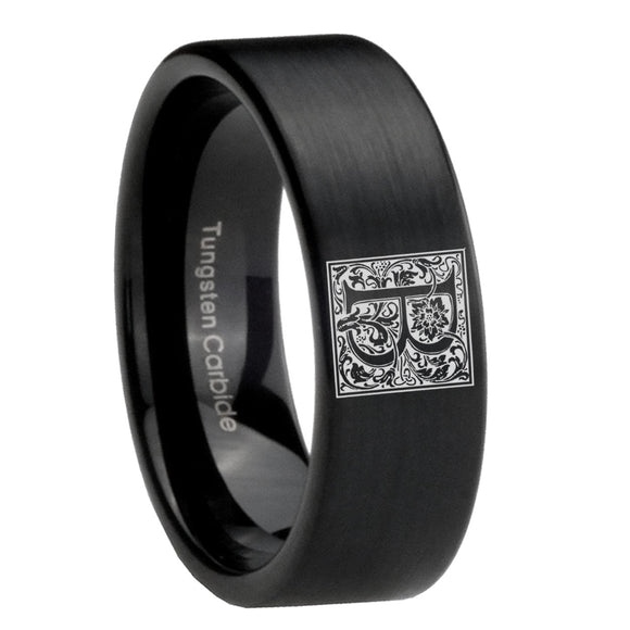 8mm-Pipe-Cut-Matte-Black-Tungsten-Floral-Initial-Letter-B,-Monogram-Wedding-Band