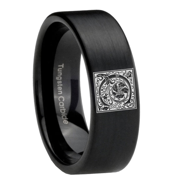 8mm-Pipe-Cut-Matte-Black-Tungsten-Floral-Initial-Letter-C,-Monogram-Wedding-Band