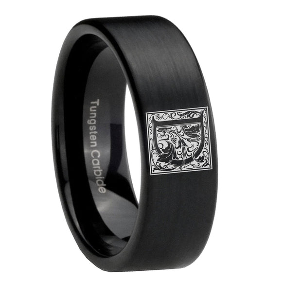 8mm-Pipe-Cut-Matte-Black-Tungsten-Floral-Initial-Letter-D,-Monogram-Wedding-Band