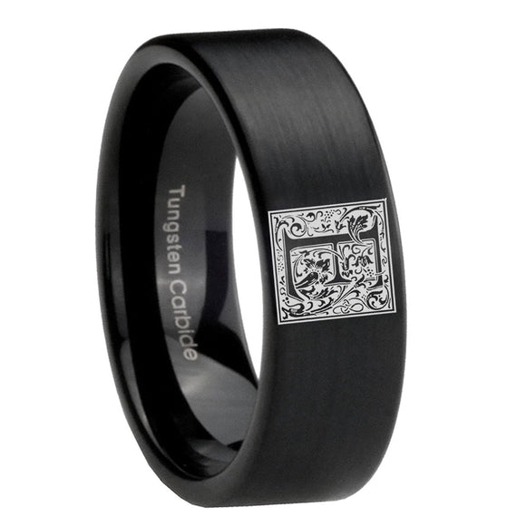 8mm-Pipe-Cut-Matte-Black-Tungsten-Floral-Initial-Letter-E,-Monogram-Wedding-Band