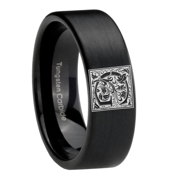 8mm-Pipe-Cut-Matte-Black-Tungsten-Floral-Initial-Letter-G,-Monogram-Wedding-Band