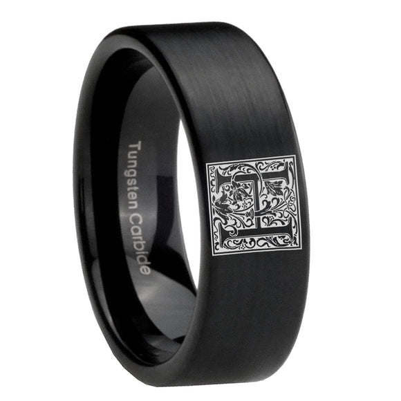 8mm-Pipe-Cut-Matte-Black-Tungsten-Floral-Initial-Letter-H,-Monogram-Wedding-Band