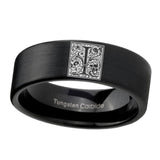 8mm-Pipe-Cut-Matte-Black-Tungsten-Floral-Initial-Letter-I,-Monogram-Wedding-Band