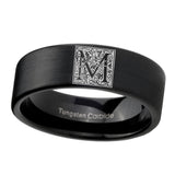 8mm-Pipe-Cut-Matte-Black-Tungsten-Floral-Initial-Letter-M,-Monogram-Wedding-Band
