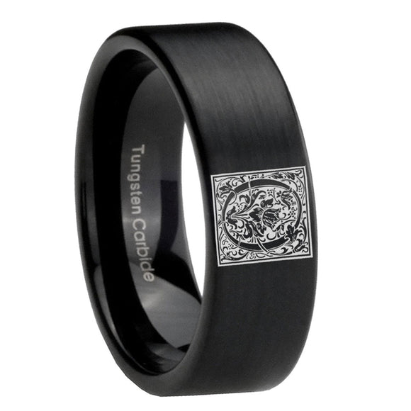 8mm-Pipe-Cut-Matte-Black-Tungsten-Floral-Initial-Letter-O,-Monogram-Wedding-Band