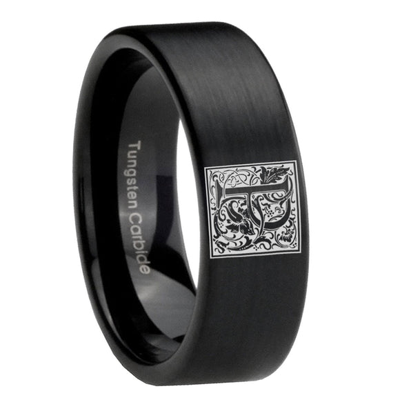 8mm-Pipe-Cut-Matte-Black-Tungsten-Floral-Initial-Letter-P,-Monogram-Wedding-Band