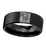 8mm-Pipe-Cut-Matte-Black-Tungsten-Floral-Initial-Letter-P,-Monogram-Wedding-Band