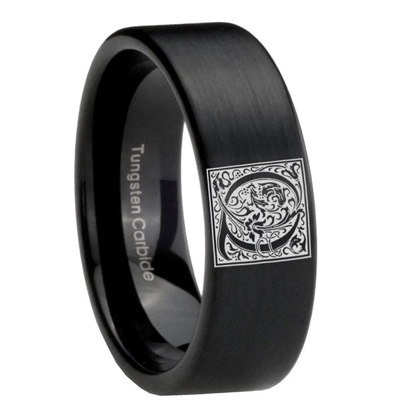 8mm-Pipe-Cut-Matte-Black-Tungsten-Floral-Initial-Letter-Q,-Monogram-Wedding-Band
