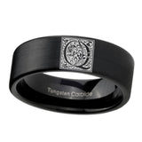 8mm-Pipe-Cut-Matte-Black-Tungsten-Floral-Initial-Letter-Q,-Monogram-Wedding-Band