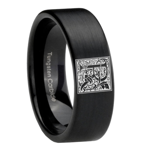 8mm-Pipe-Cut-Matte-Black-Tungsten-Floral-Initial-Letter-R,-Monogram-Wedding-Band