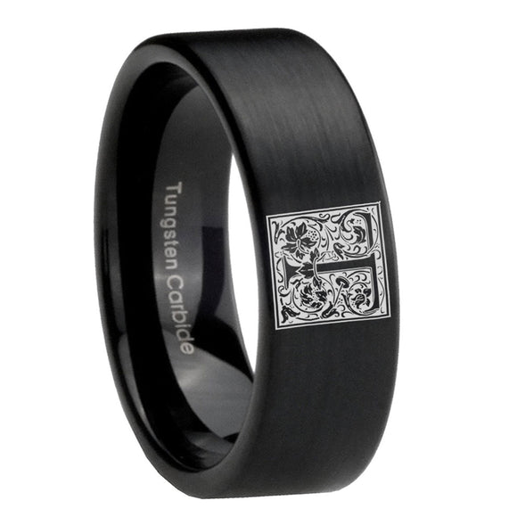8mm-Pipe-Cut-Matte-Black-Tungsten-Floral-Initial-Letter-T,-Monogram-Wedding-Band