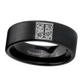 8mm-Pipe-Cut-Matte-Black-Tungsten-Floral-Initial-Letter-T,-Monogram-Wedding-Band
