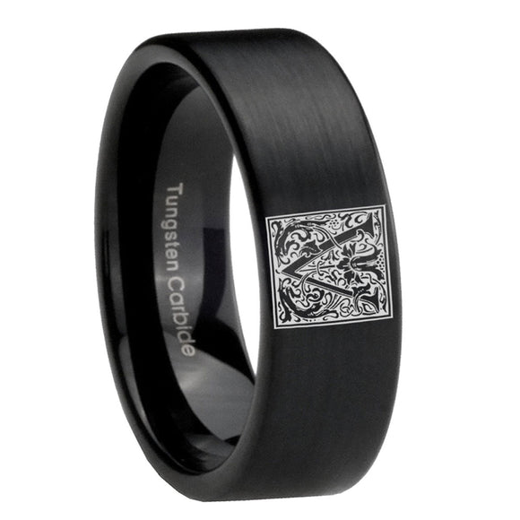 8mm-Pipe-Cut-Matte-Black-Tungsten-Floral-Initial-Letter-V,-Monogram-Wedding-Band