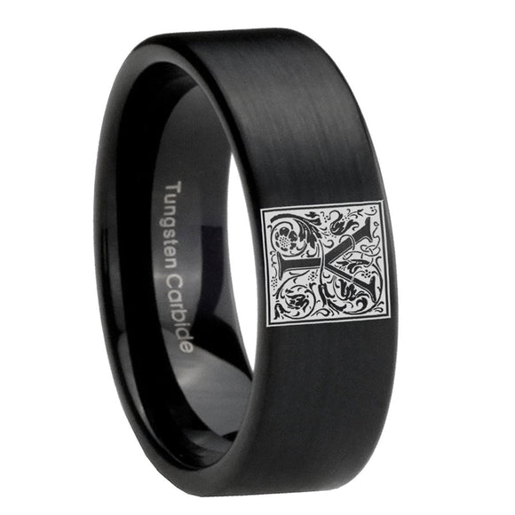 8mm-Pipe-Cut-Matte-Black-Tungsten-Floral-Initial-Letter-Y,-Monogram-Wedding-Band