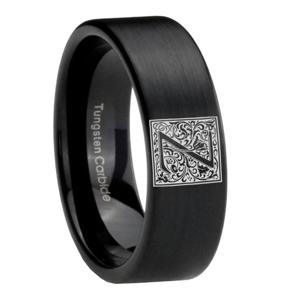 8mm-Pipe-Cut-Matte-Black-Tungsten-Floral-Initial-Letter-Z,-Monogram-Wedding-Band