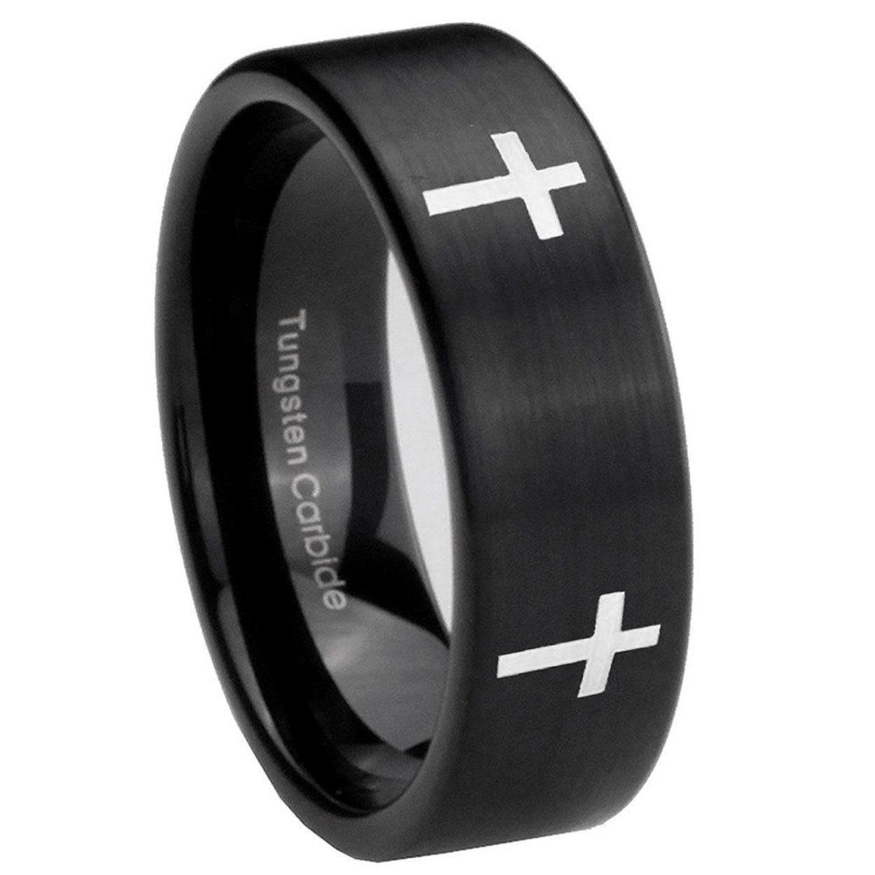 8mm Crosses Pipe Cut Brush Black Tungsten Wedding Ring