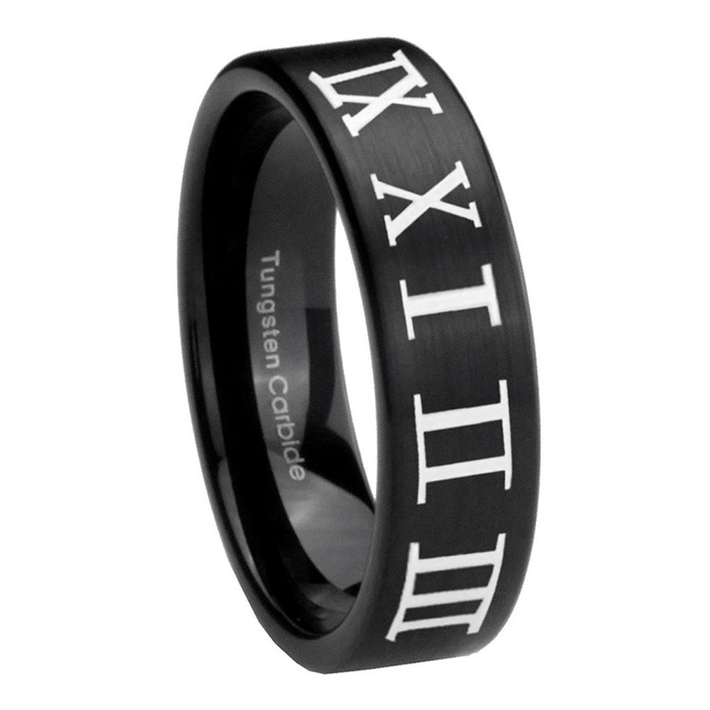 8mm Roman Numeral Pipe Cut Brush Black Tungsten Ring