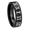 8mm Roman Numeral Pipe Cut Brush Black Tungsten Ring