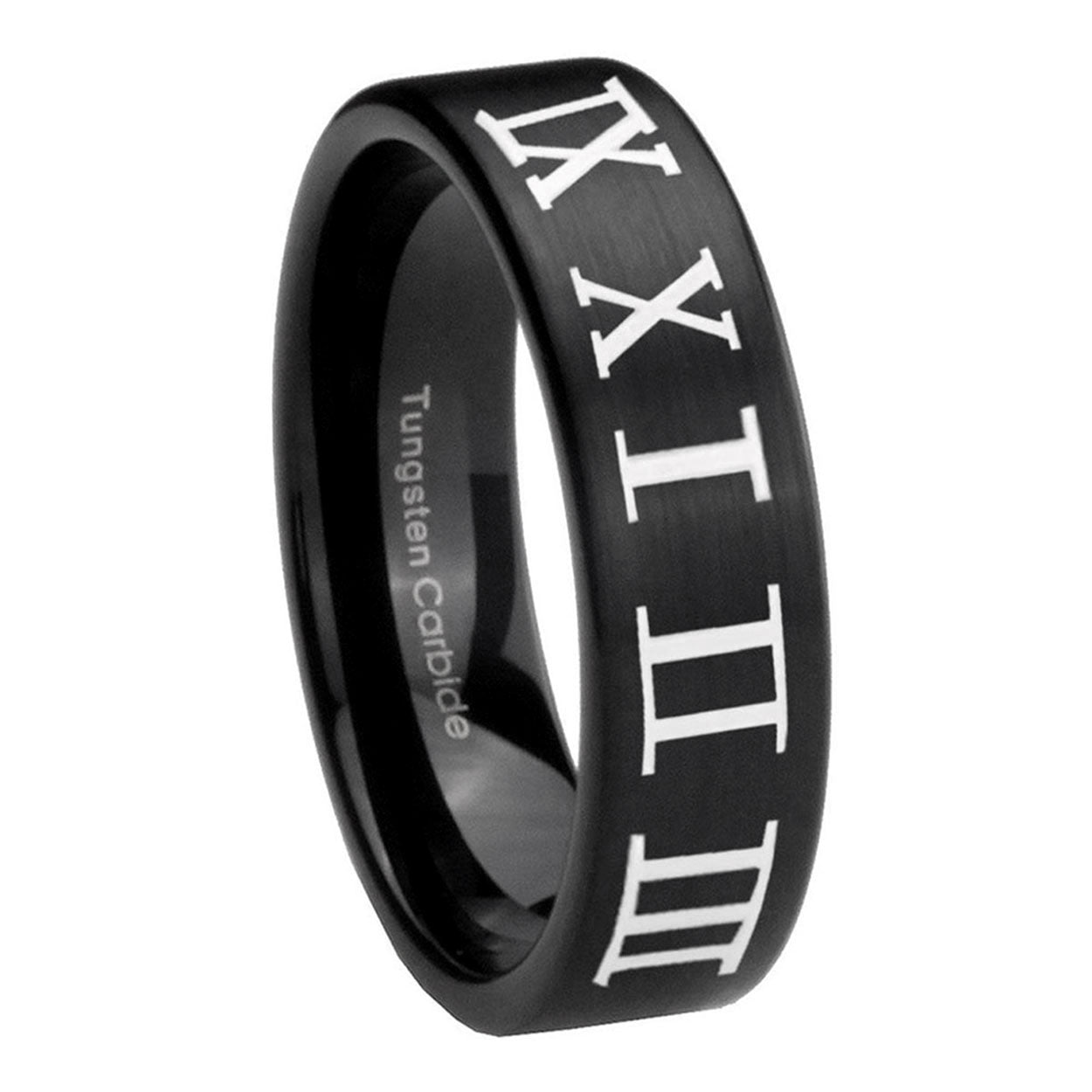 8mm Roman Numeral Pipe Cut Brush Black Tungsten Ring