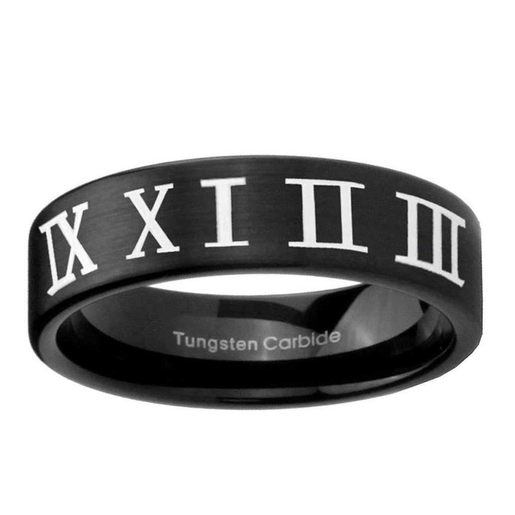 6mm Roman Numeral Pipe Cut Brush Black Tungsten Ring