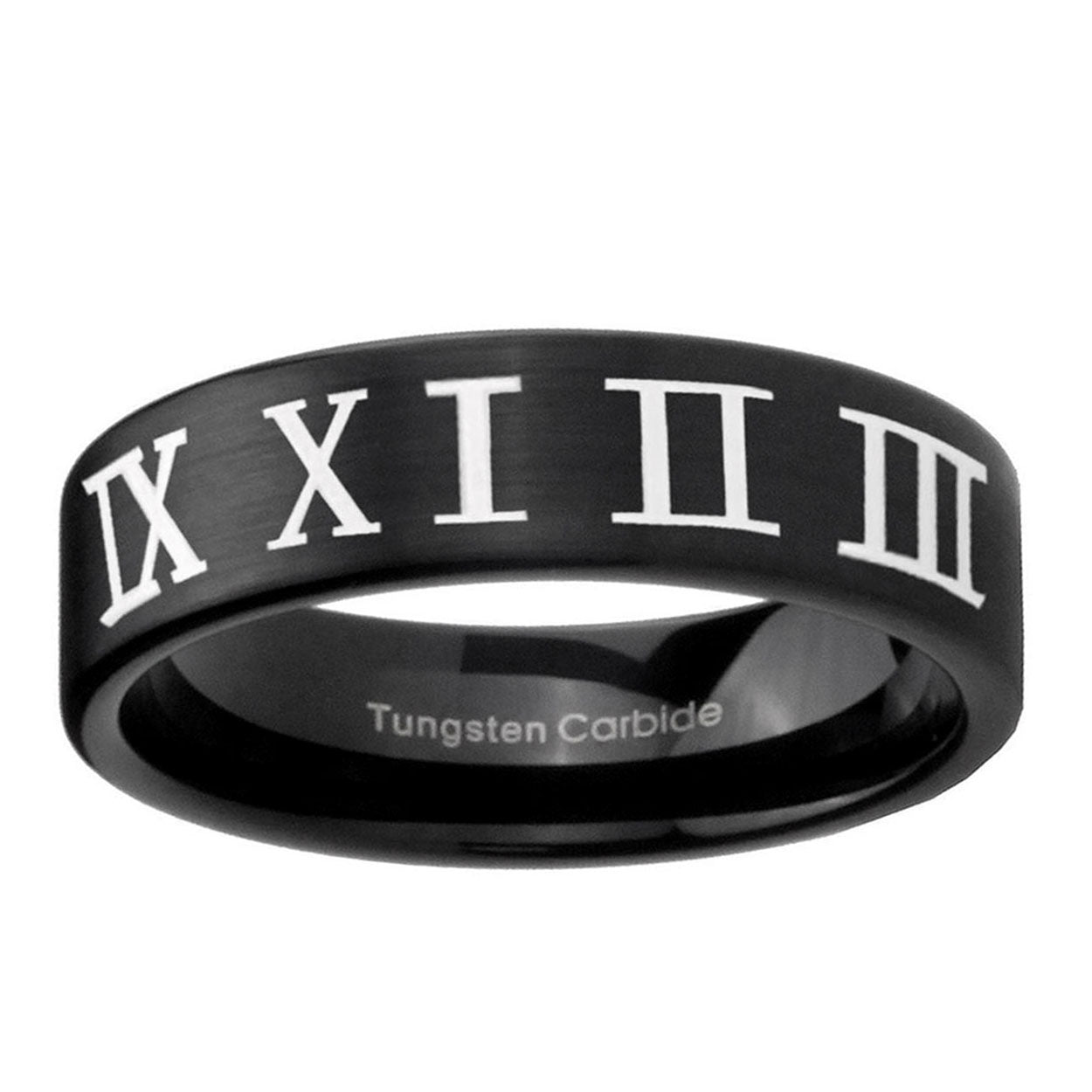 6mm Roman Numeral Pipe Cut Brush Black Tungsten Ring