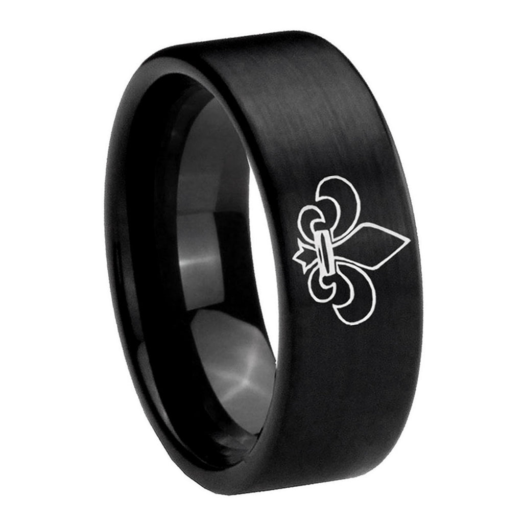 8mm Fleur-De-Lis Pipe Cut Brush Black Tungsten Ring for Men