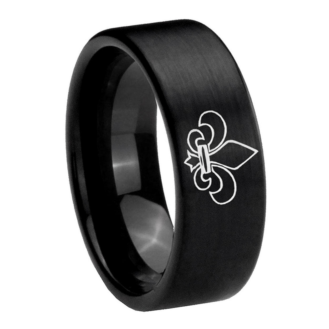 8mm Fleur-De-Lis Pipe Cut Brush Black Tungsten Ring for Men