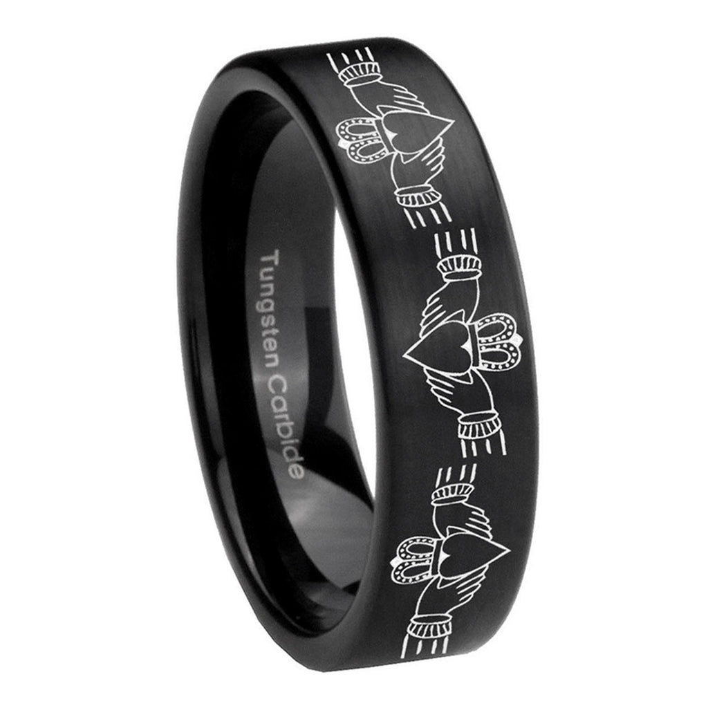 8mm Irish Claddagh Pipe Cut Brush Black Tungsten Ring