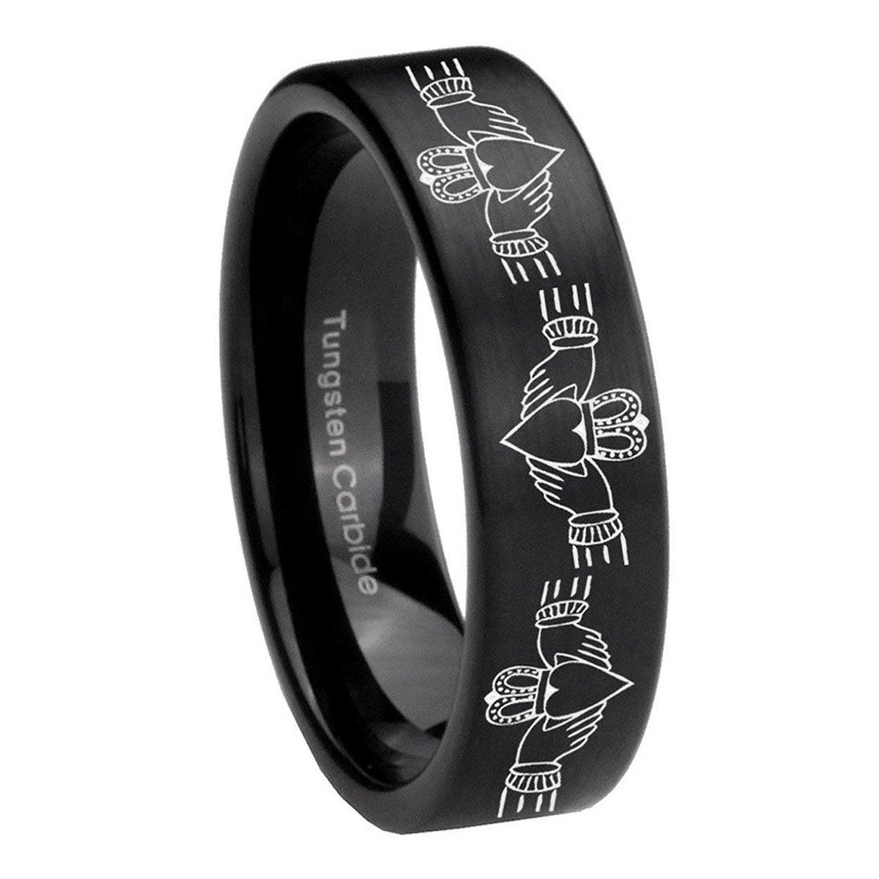 8mm Irish Claddagh Pipe Cut Brush Black Tungsten Ring