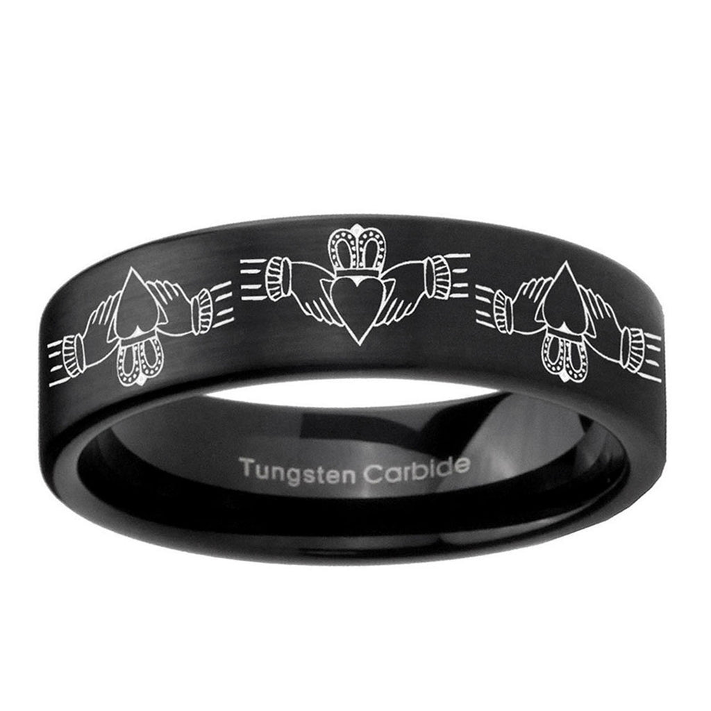 6mm Irish Claddagh Pipe Cut Brush Black Tungsten Ring