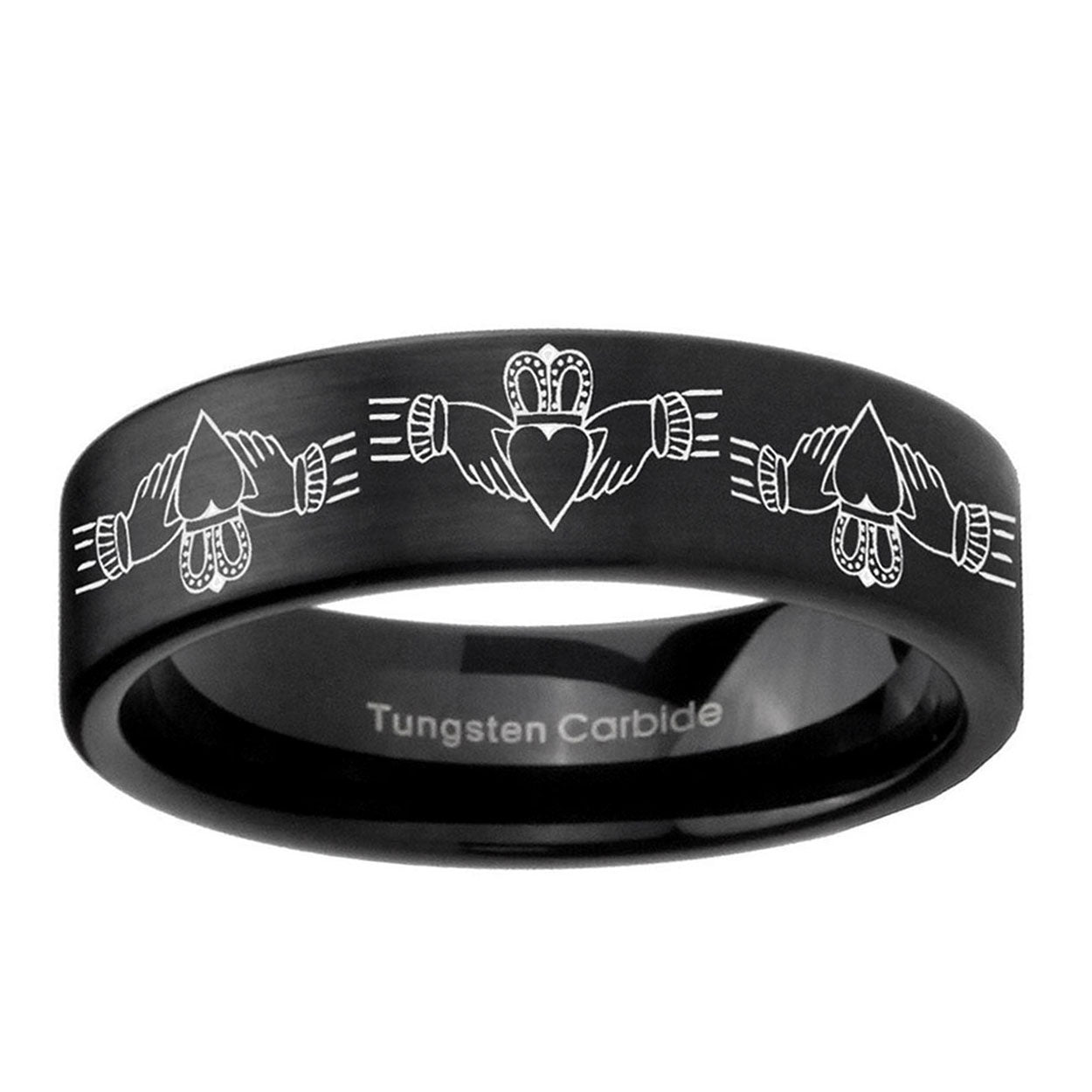 6mm Irish Claddagh Pipe Cut Brush Black Tungsten Ring