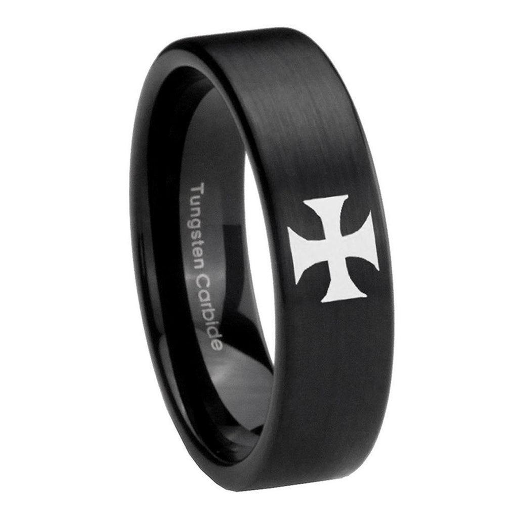 8mm Maltese Cross Pipe Cut Brush Black Tungsten Ring