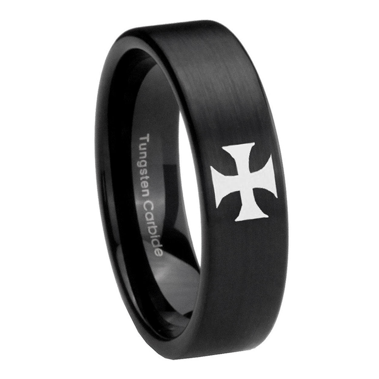 8mm Maltese Cross Pipe Cut Brush Black Tungsten Ring