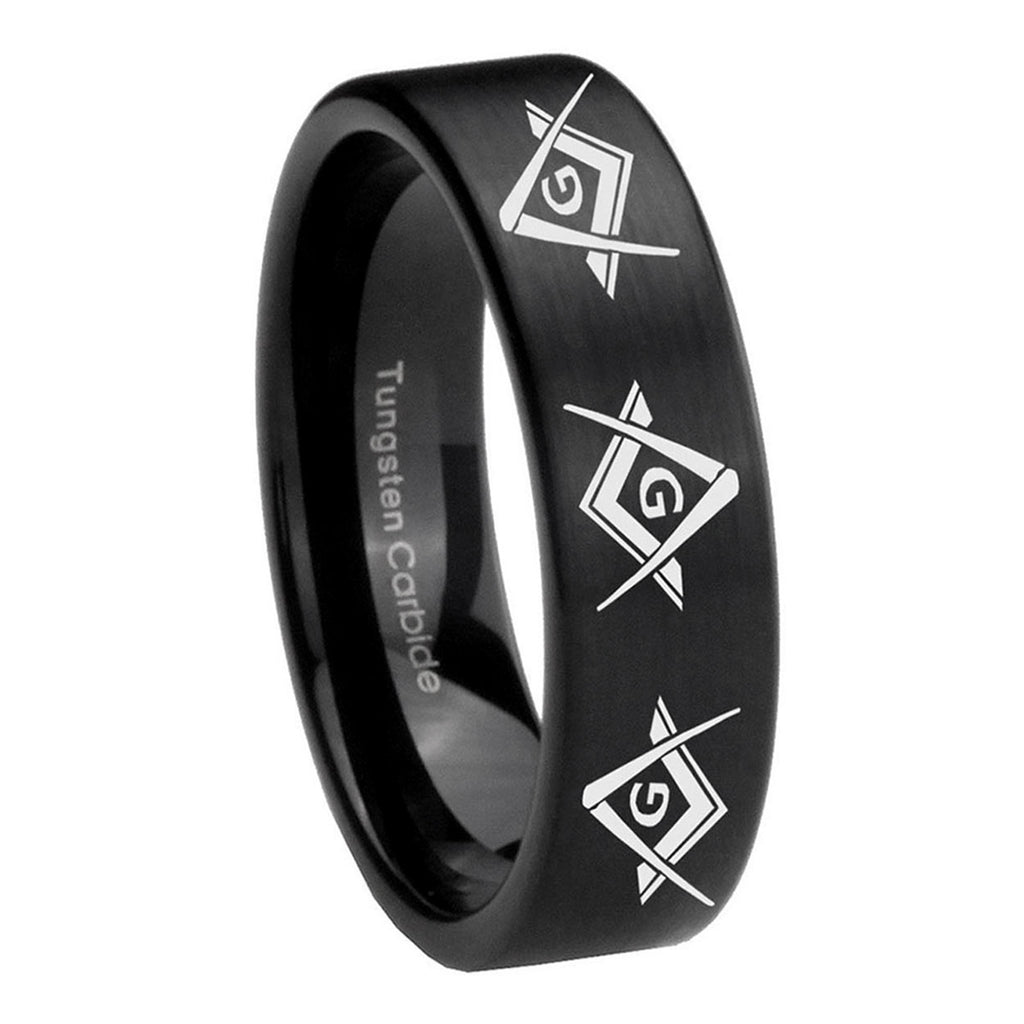 8mm Master Mason Masonic Pipe Cut Brush Black Tungsten Ring