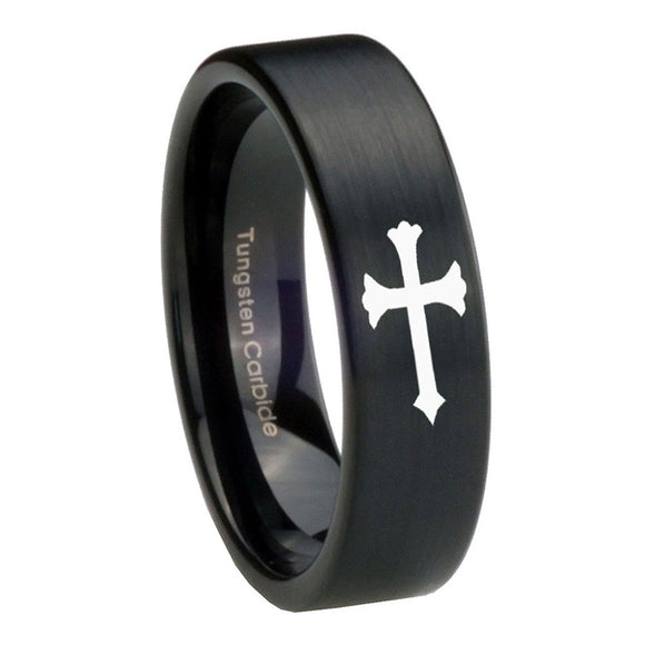 8mm-Christian-Cross-Pipe-Cut-Brush-Black-Tungsten-Carbide-Mens-Anniversary-Ring